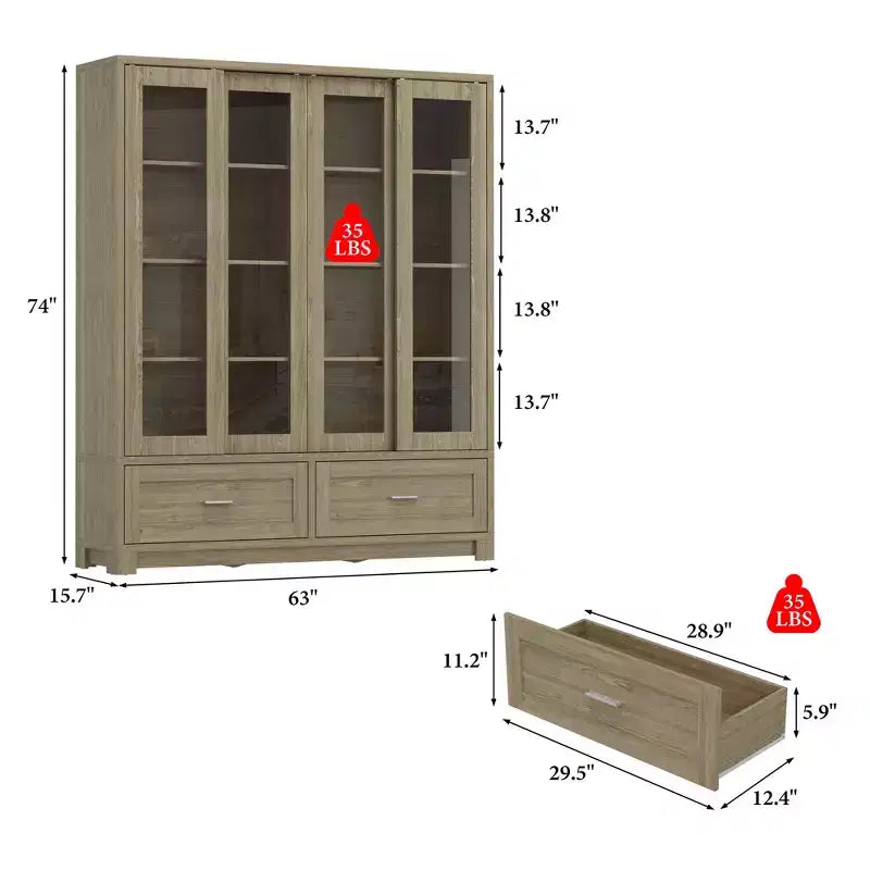 Light Oak-Grain Display Bookcase: 63W, Sliding Glass Doors + Drawer Storage Spacious Organizer for Home Libraries & Living Rooms