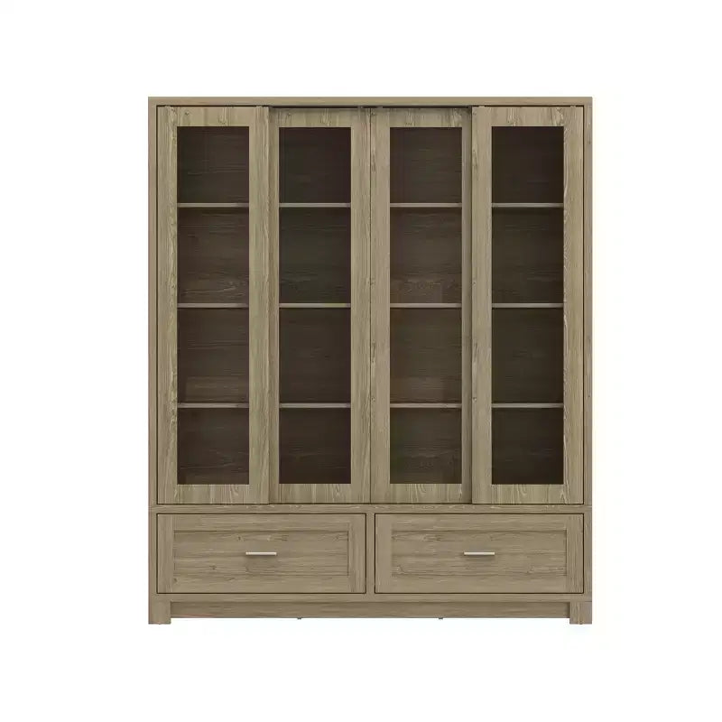 Light Oak-Grain Display Bookcase: 63W, Sliding Glass Doors + Drawer Storage Spacious Organizer for Home Libraries & Living Rooms