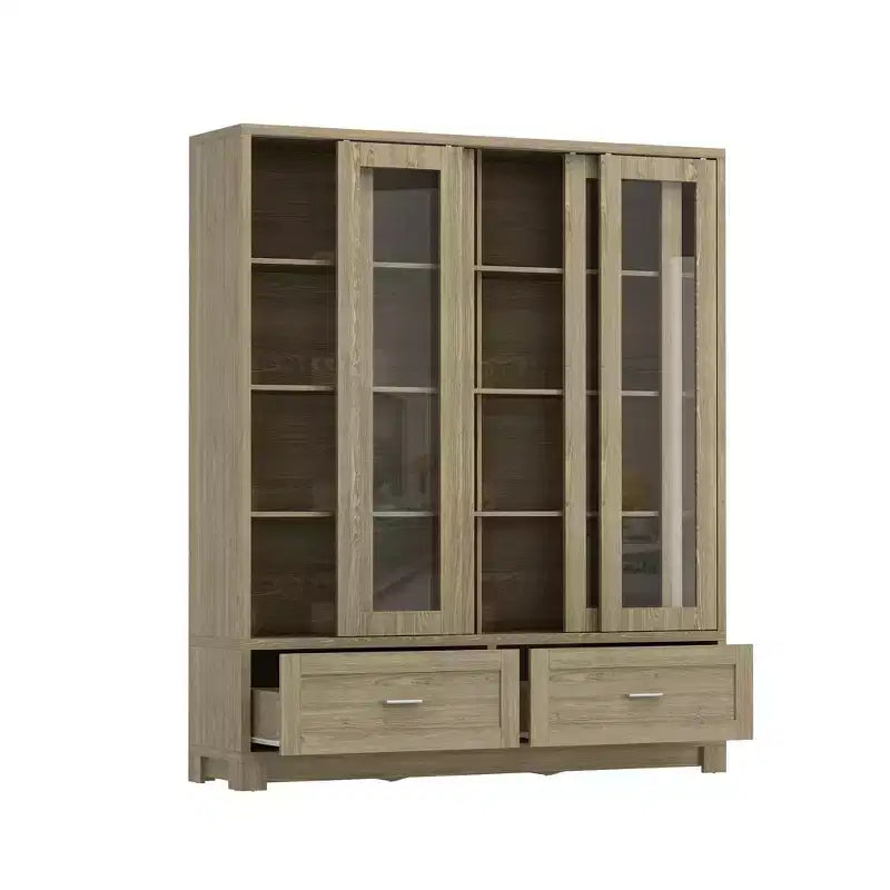 Libreria Espositiva con Finitura Rovere Chiaro: Larghezza 63 cm, Ante Scorrevoli in Vetro + Cassetti Contenitori, Organizer Capiente per Studi e Soggiorni