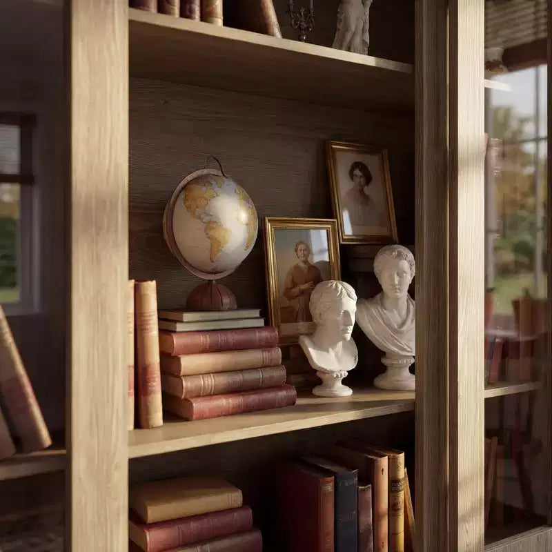 Libreria Espositiva con Finitura Rovere Chiaro: Larghezza 63 cm, Ante Scorrevoli in Vetro + Cassetti Contenitori, Organizer Capiente per Studi e Soggiorni