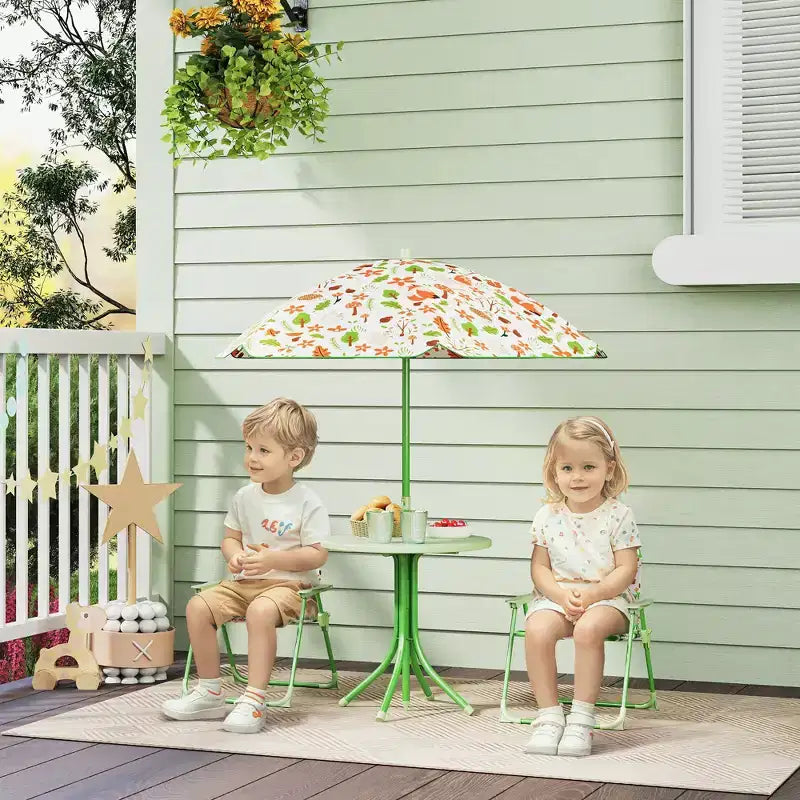 Set di tavolo e sedie pieghevoli da picnic per bambini con ombrellone rimovibile, mobili da esterno