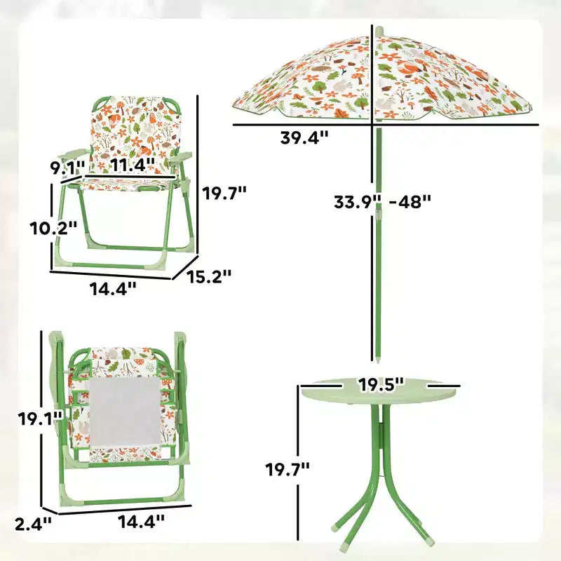 Set di tavolo e sedie pieghevoli da picnic per bambini con ombrellone rimovibile, mobili da esterno