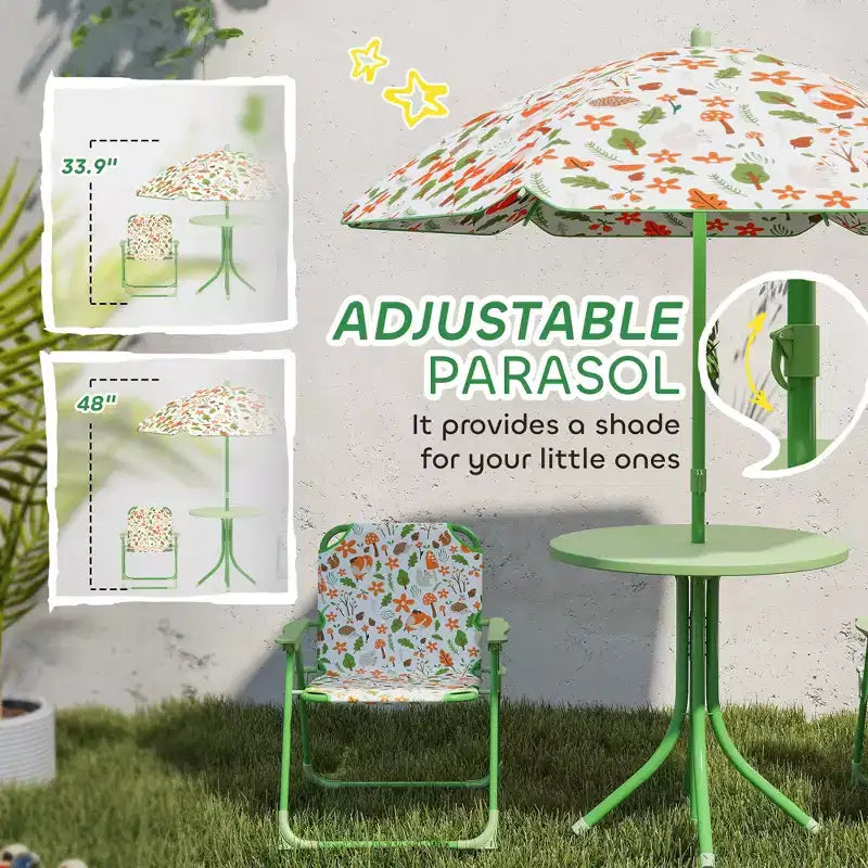 Set di tavolo e sedie pieghevoli da picnic per bambini con ombrellone rimovibile, mobili da esterno