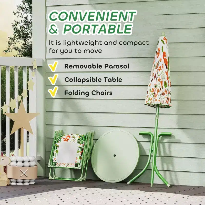 Set di tavolo e sedie pieghevoli da picnic per bambini con ombrellone rimovibile, mobili da esterno