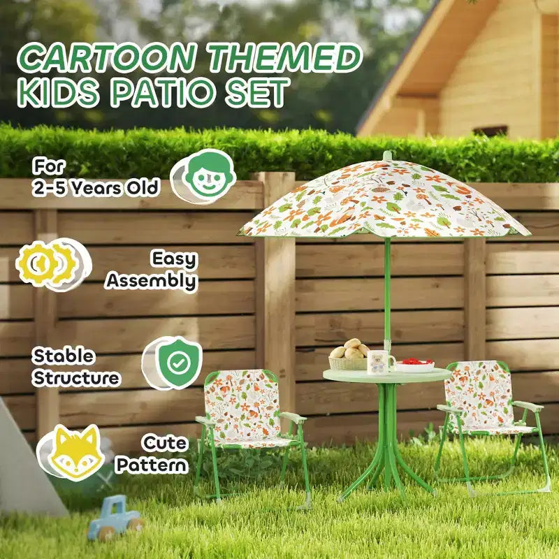 Set di tavolo e sedie pieghevoli da picnic per bambini con ombrellone rimovibile, mobili da esterno