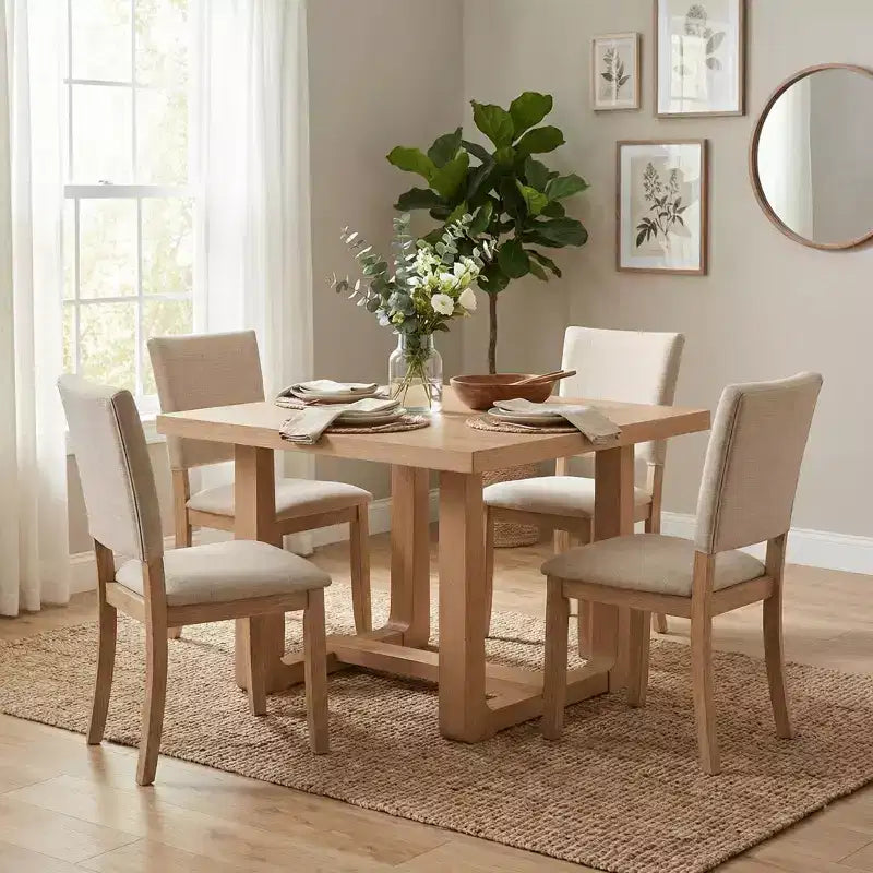 Tavolo da pranzo in legno in stile transizionale con sedie imbottite