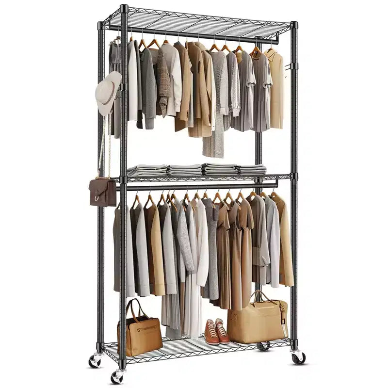 Homdox 3 Tier Heavy Duty Garment Rack with Wheels, Adjustable Double Rod Clothes Rack, Portable Closet with Hooks, 450LBS