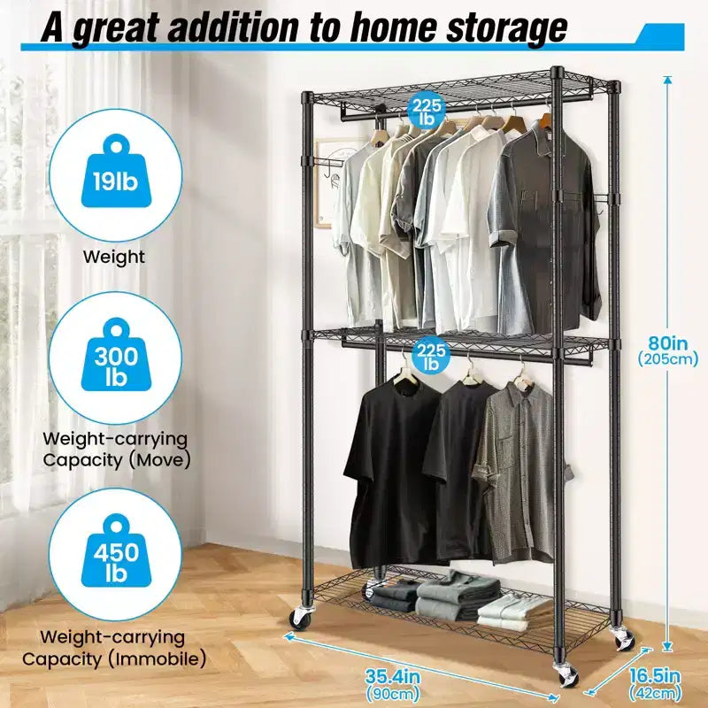 Stender appendiabiti resistente a 3 livelli con ruote, doppio stendibiancheria regolabile, armadio portatile con ganci, 204 kg