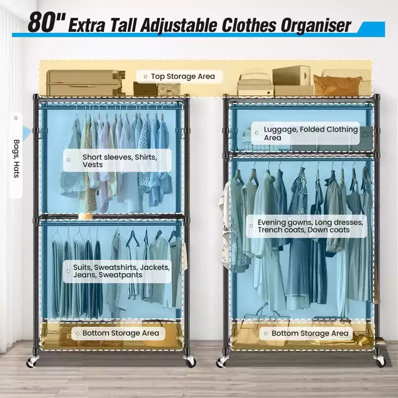 Stender appendiabiti resistente a 3 livelli con ruote, doppio stendibiancheria regolabile, armadio portatile con ganci, 204 kg