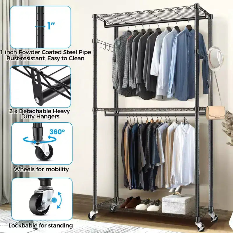 Stender appendiabiti resistente a 3 livelli con ruote, doppio stendibiancheria regolabile, armadio portatile con ganci, 204 kg