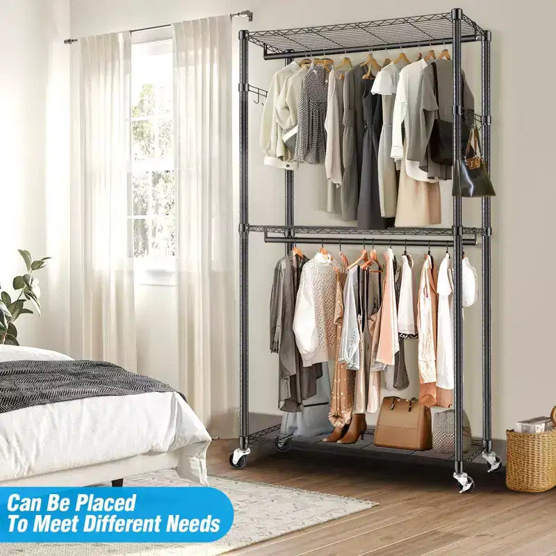 Stender appendiabiti resistente a 3 livelli con ruote, doppio stendibiancheria regolabile, armadio portatile con ganci, 204 kg