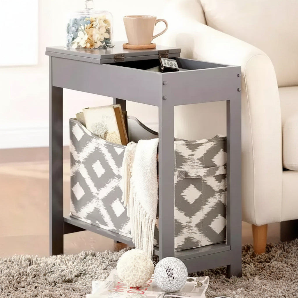 Narrow Wood Side Table with Flip-Top and Fabric Storage Bin