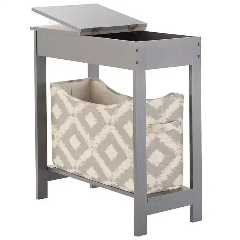 Narrow Wood Side Table with Flip-Top and Fabric Storage Bin