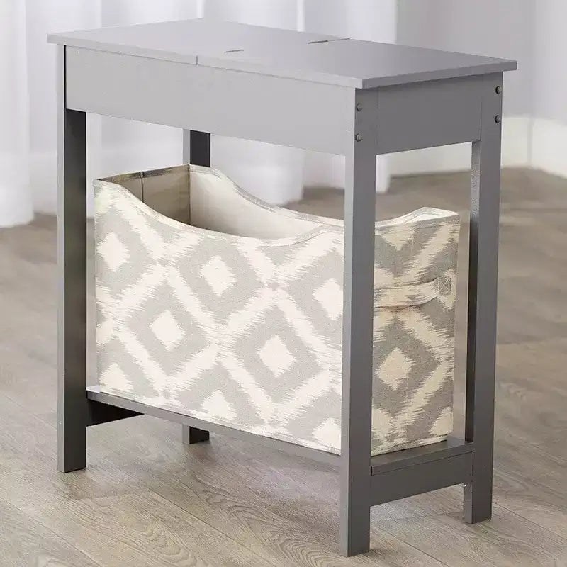 Narrow Wood Side Table with Flip-Top and Fabric Storage Bin