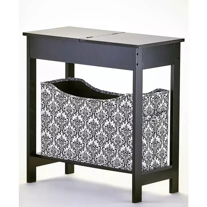Narrow Wood Side Table with Flip-Top and Fabric Storage Bin