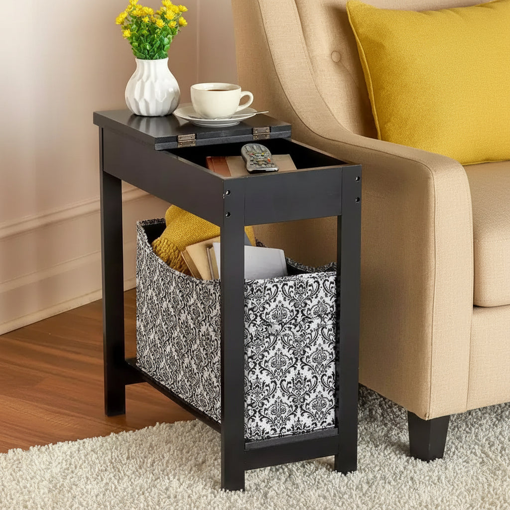 The Lakeside Collection Narrow Wood Side Table with Flip-Top and Fabric Storage Bin -