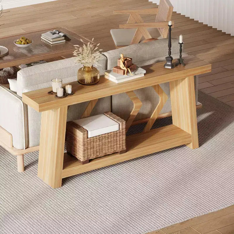 Consolle interamente in legno da 70,9 pollici, tavolo da divano con gambe trapezoidali ultra stabile da posizionare dietro al divano, tavolo d'ingresso extra lungo a 2 livelli per corridoio e soggiorno