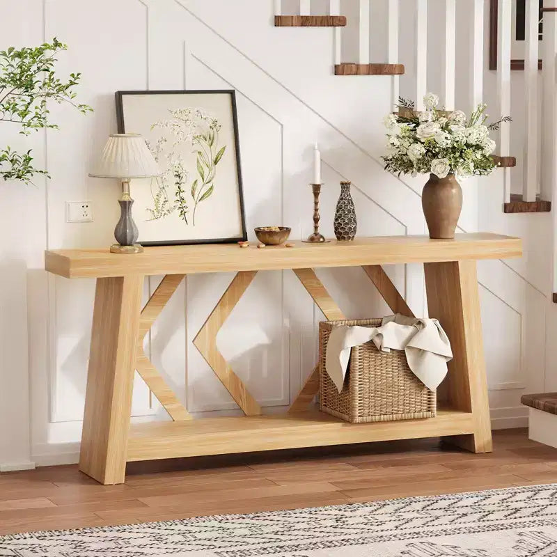 Consolle interamente in legno da 70,9 pollici, tavolo da divano con gambe trapezoidali ultra stabile da posizionare dietro al divano, tavolo d'ingresso extra lungo a 2 livelli per corridoio e soggiorno
