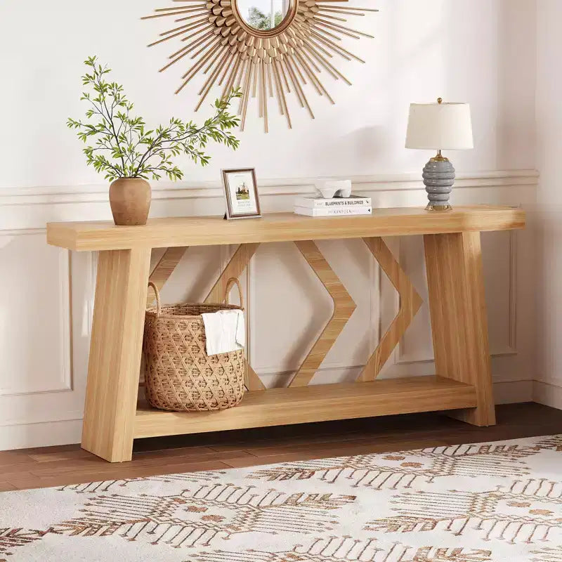 Consolle interamente in legno da 70,9 pollici, tavolo da divano con gambe trapezoidali ultra stabile da posizionare dietro al divano, tavolo d'ingresso extra lungo a 2 livelli per corridoio e soggiorno