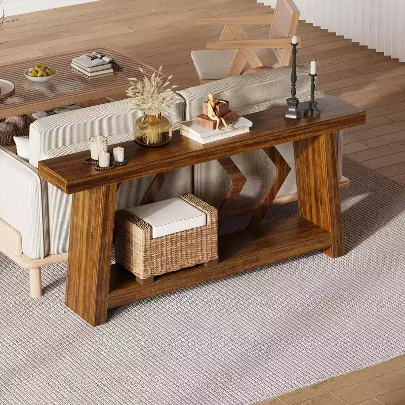 Consolle interamente in legno da 70,9 pollici, tavolo da divano con gambe trapezoidali ultra stabile da posizionare dietro al divano, tavolo d'ingresso extra lungo a 2 livelli per corridoio e soggiorno