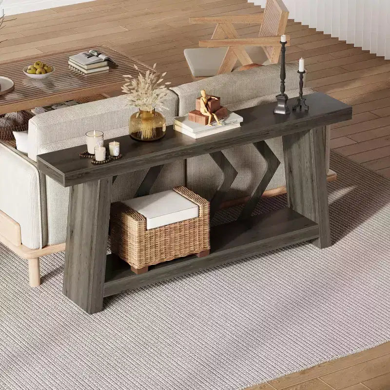 Consolle interamente in legno da 70,9 pollici, tavolo da divano con gambe trapezoidali ultra stabile da posizionare dietro al divano, tavolo d'ingresso extra lungo a 2 livelli per corridoio e soggiorno