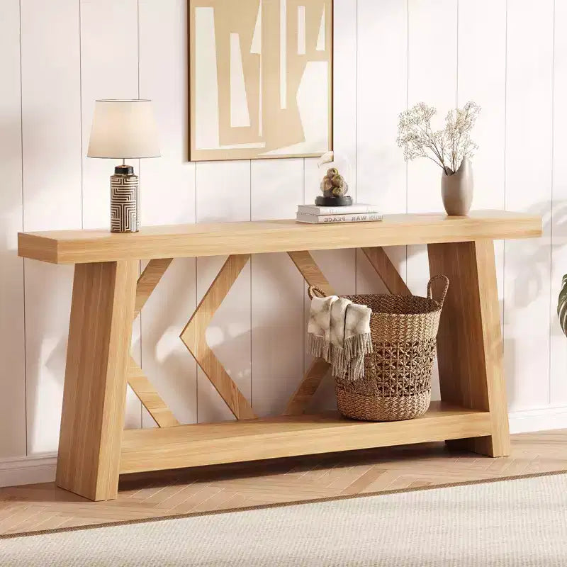 Consolle interamente in legno da 70,9 pollici, tavolo da divano con gambe trapezoidali ultra stabile da posizionare dietro al divano, tavolo d'ingresso extra lungo a 2 livelli per corridoio e soggiorno