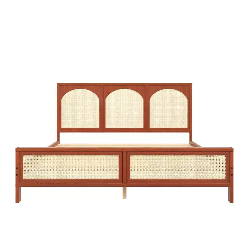 Letto a piattaforma in legno con testiera ad arco in rattan
