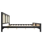 Letto a piattaforma in legno con testiera ad arco in rattan
