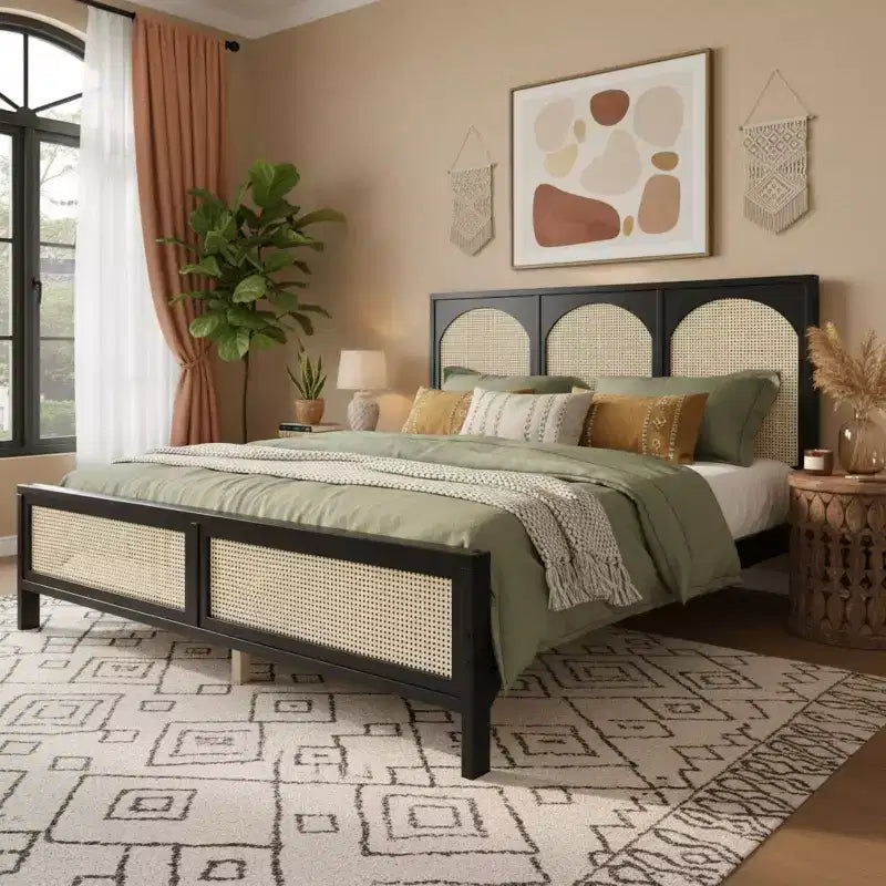 Polibi Wood Platform Bed with Arch Rattan Headboard