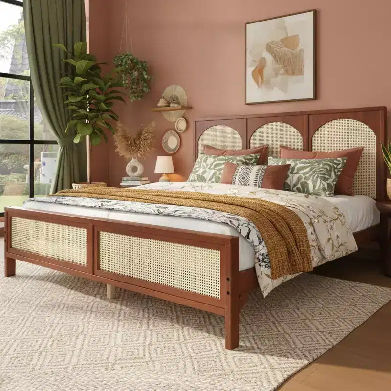 Letto a piattaforma in legno con testiera ad arco in rattan