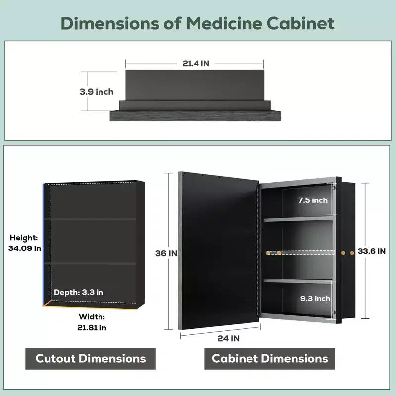24 in. W x 36 in. H Metal Framed Rectangular Framed Recessed/Surface Mount Medicine Cabinet with Mirror