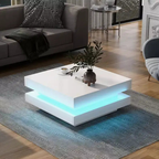 Tavolino da caffè di design minimalista con finitura lucida, luci LED, 2 ripiani quadrati, 80x80x36 cm, bianco