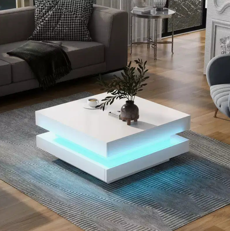 High Gloss Minimalist Design Coffee Table with LED Lights, 2-Tier Square, 31.5x31.5x14.2', White